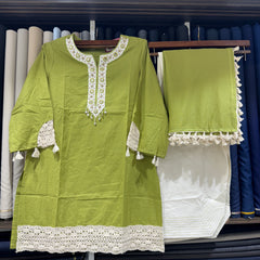 Soft Fancy Short Kurti Dress With Lace Border On Sleeves & Border