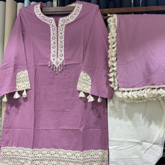 Soft Fancy Short Kurti Dress With Lace Border On Sleeves & Border