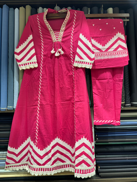 Trending A-Line Pink Dress With Print Pattern on Border & Sleeves