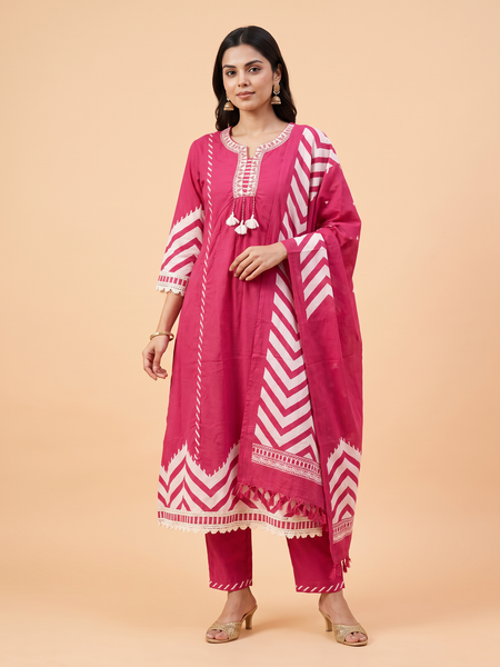 Trending A-Line Pink Dress With Print Pattern on Border & Sleeves