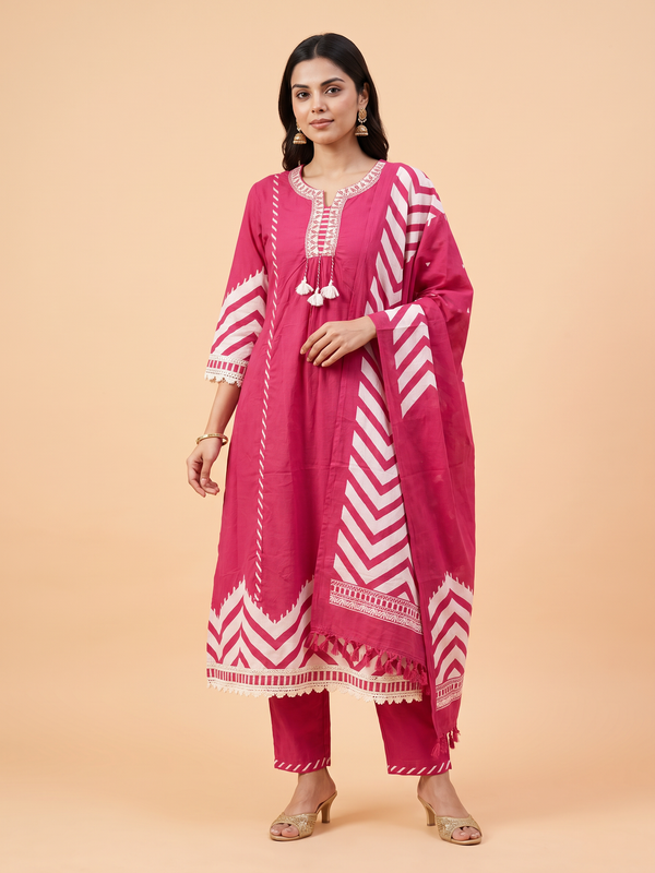 Trending A-Line Pink Dress With Print Pattern on Border & Sleeves