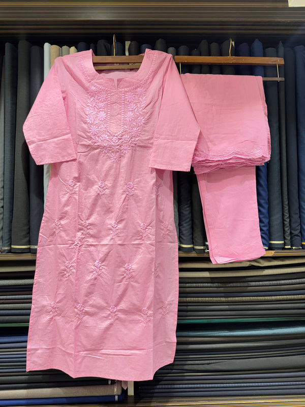 Pure Chikankari Baby Pink Mull Cotton Dress With Cut Border Dupatta