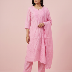 Pure Chikankari Baby Pink Mull Cotton Dress With Cut Border Dupatta
