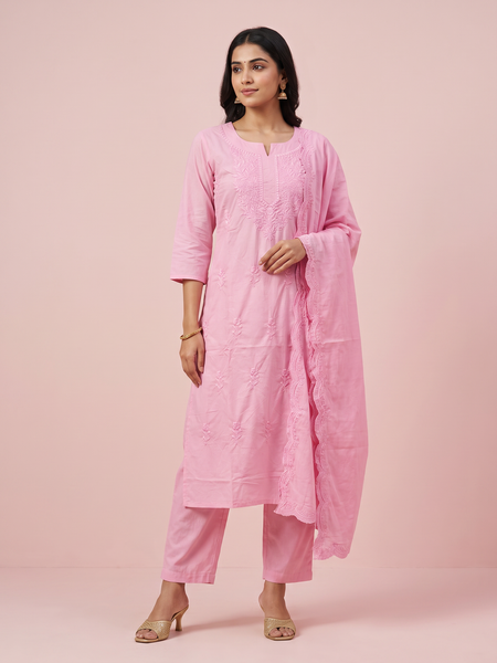 Pure Chikankari Baby Pink Mull Cotton Dress With Cut Border Dupatta