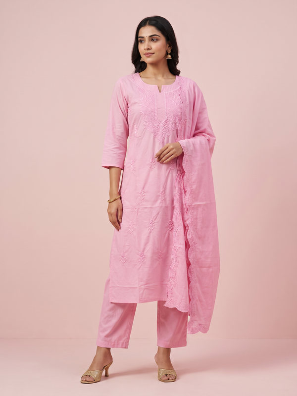 Pure Chikankari Baby Pink Mull Cotton Dress With Cut Border Dupatta