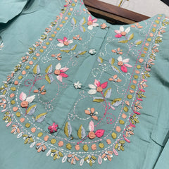 Hand Woven French Knots Work Teal Blue Dress