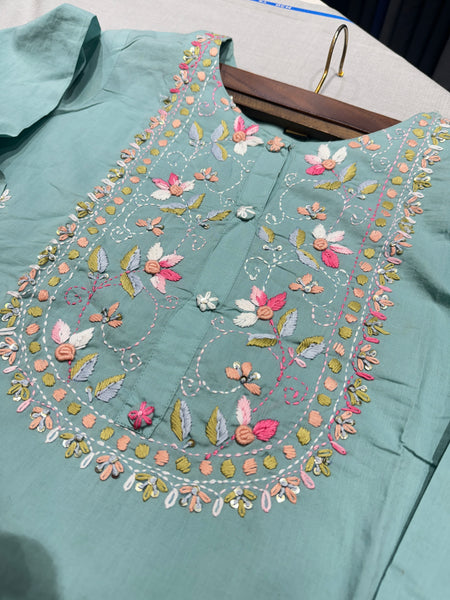 Hand Woven French Knots Work Teal Blue Dress