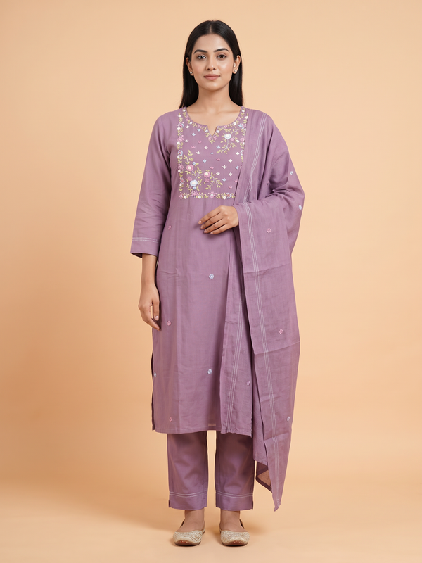 Hand Woven French Knots Work Purple Dress