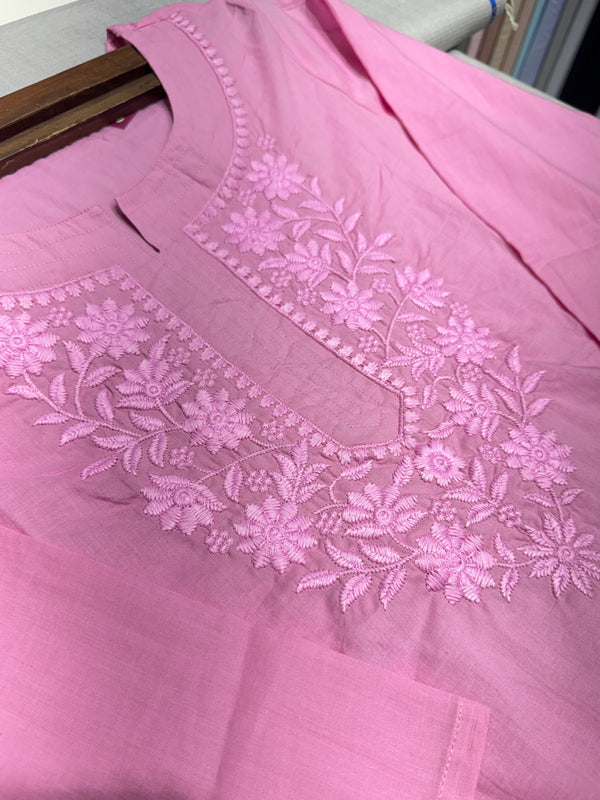 Pure Chikankari Baby Pink Mull Cotton Dress With Cut Border Dupatta