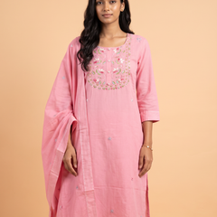 Hand Woven French Knots Work Baby Pink Dress