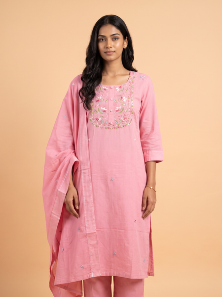 Hand Woven French Knots Work Baby Pink Dress