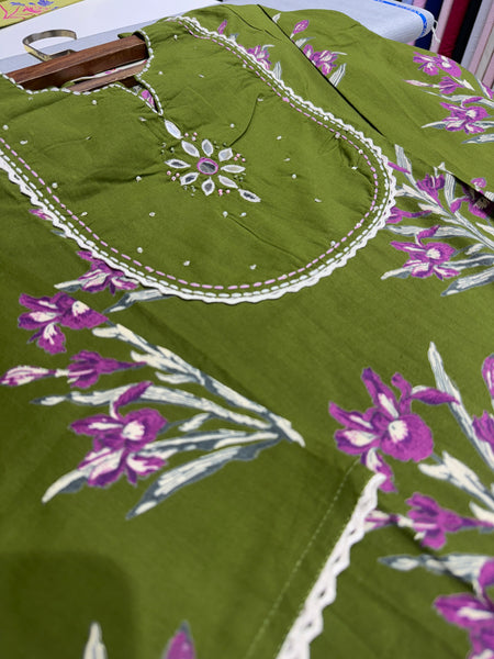 Soft Cotton Block Printed Dress With Neckline work