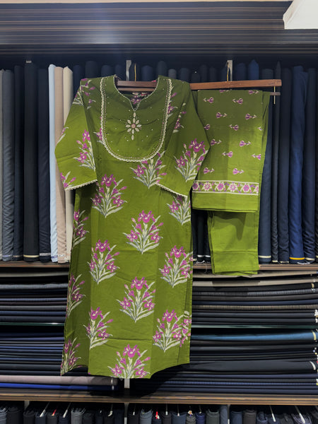 Soft Cotton Block Printed Dress With Neckline work