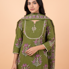 Soft Cotton Block Printed Dress With Neckline work