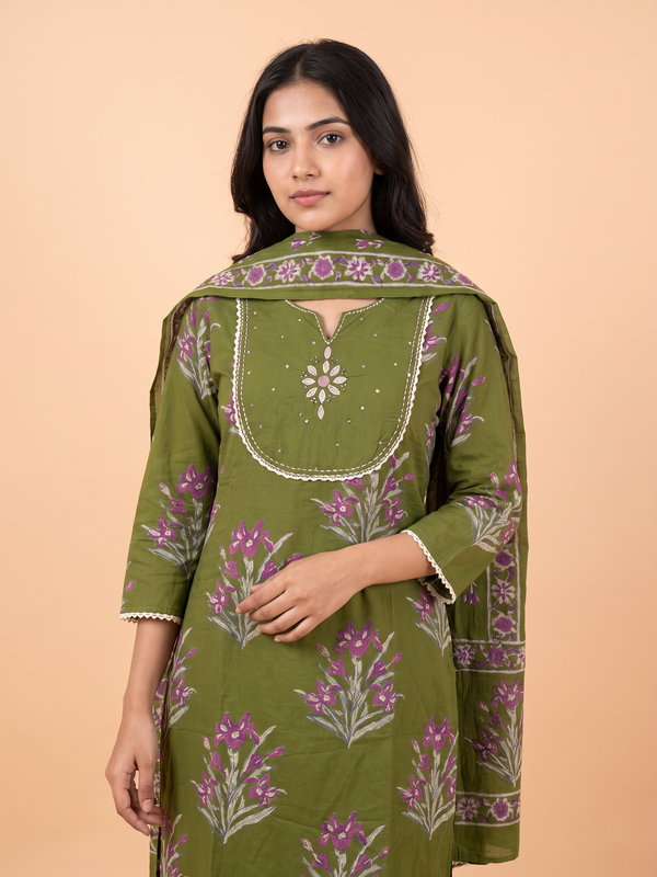 Soft Cotton Block Printed Dress With Neckline work