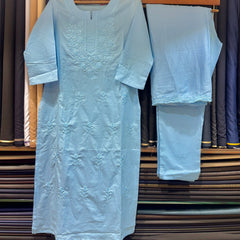 Pure Chikankari Powder Blue Mull Cotton Dress With Cut Border Dupatta