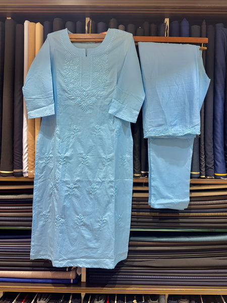 Pure Chikankari Powder Blue Mull Cotton Dress With Cut Border Dupatta