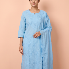 Pure Chikankari Powder Blue Mull Cotton Dress With Cut Border Dupatta