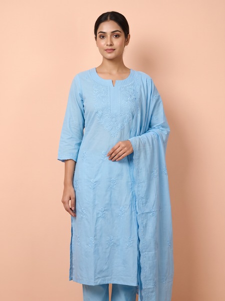 Pure Chikankari Powder Blue Mull Cotton Dress With Cut Border Dupatta
