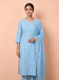 Pure Chikankari Powder Blue Mull Cotton Dress With Cut Border Dupatta