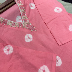 Soft Bandhani Print Cotton Dress With Pearl Work On Neckline