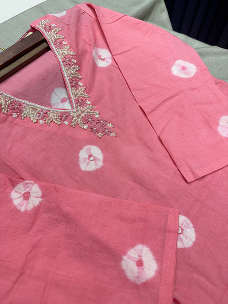 Soft Bandhani Print Cotton Dress With Pearl Work On Neckline