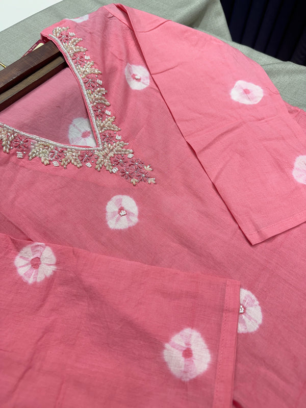 Soft Bandhani Print Cotton Dress With Pearl Work On Neckline