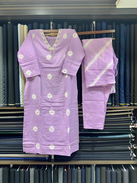 Soft Bandhani Print Cotton Dress With Pearl Work On Neckline