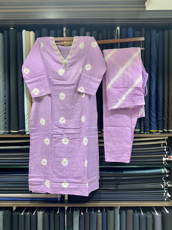 Soft Bandhani Print Cotton Dress With Pearl Work On Neckline