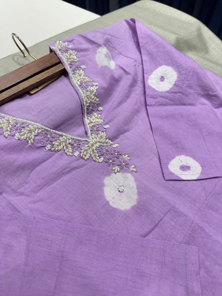 Soft Bandhani Print Cotton Dress With Pearl Work On Neckline