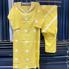 Bandhani Print Cotton Dress With Pearl Work On Neckline