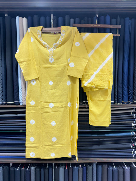 Bandhani Print Cotton Dress With Pearl Work On Neckline
