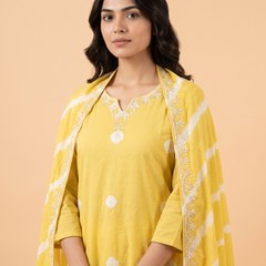 Bandhani Print Cotton Dress With Pearl Work On Neckline