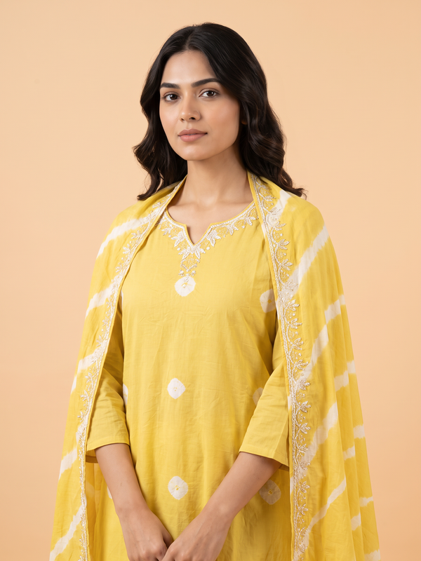 Bandhani Print Cotton Dress With Pearl Work On Neckline