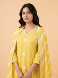 Bandhani Print Cotton Dress With Pearl Work On Neckline