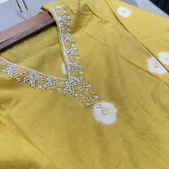 Bandhani Print Cotton Dress With Pearl Work On Neckline