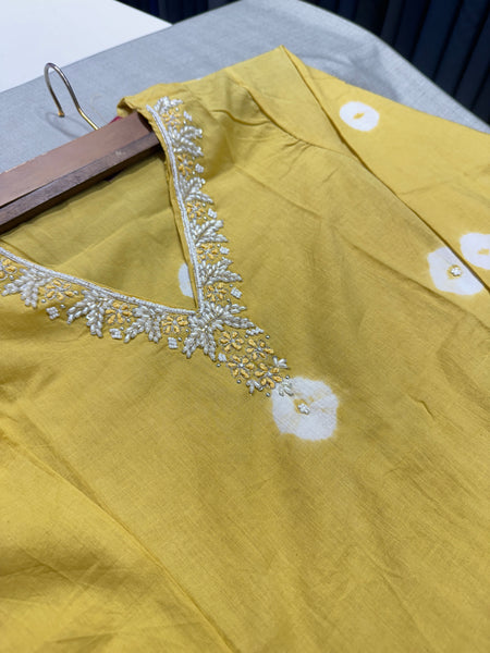 Bandhani Print Cotton Dress With Pearl Work On Neckline