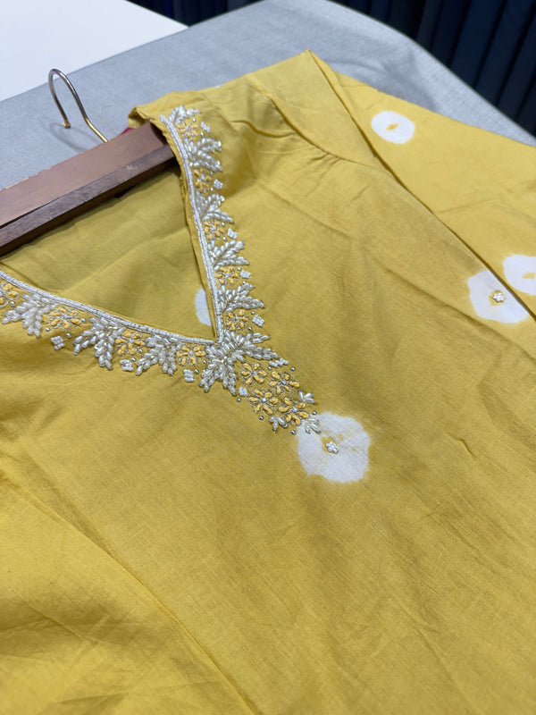 Bandhani Print Cotton Dress With Pearl Work On Neckline