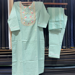 Hand Woven French Knots Work Teal Blue Dress