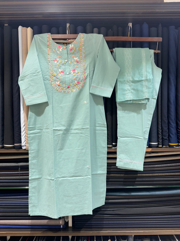 Hand Woven French Knots Work Teal Blue Dress