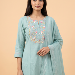 Hand Woven French Knots Work Teal Blue Dress