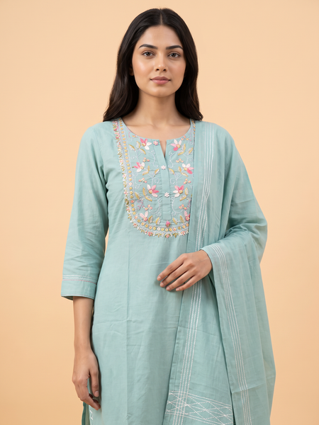 Hand Woven French Knots Work Teal Blue Dress