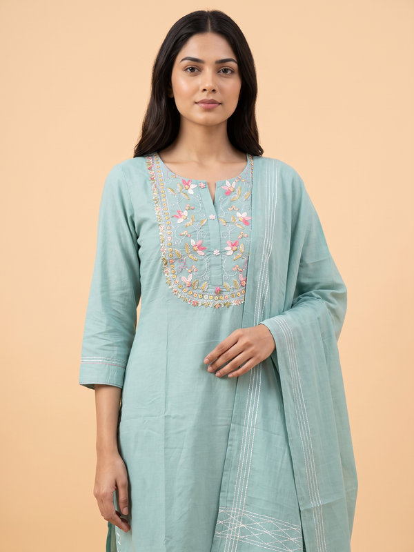 Hand Woven French Knots Work Teal Blue Dress
