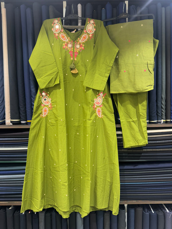 Trending A-Line Olive Green Cotton Dress With Pockets