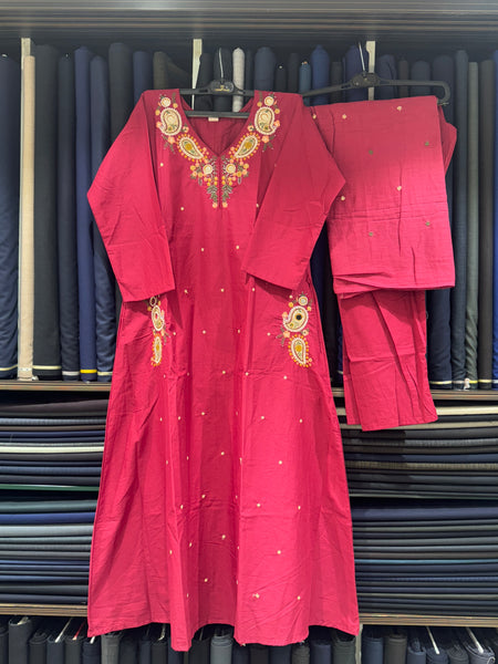 Trending A-Line Maroon Cotton Dress With Pockets