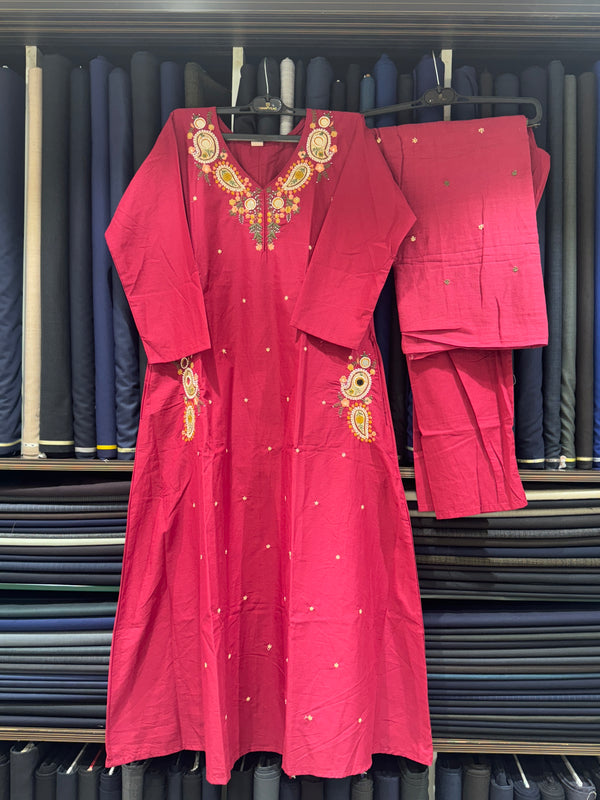 Trending A-Line Maroon Cotton Dress With Pockets