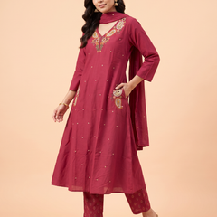 Trending A-Line Maroon Cotton Dress With Pockets