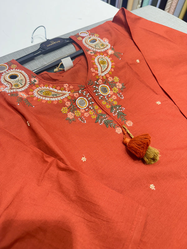 Trending A-Line Rustic Orange Cotton Dress With Pockets