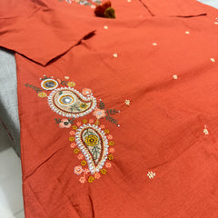 Trending A-Line Rustic Orange Cotton Dress With Pockets
