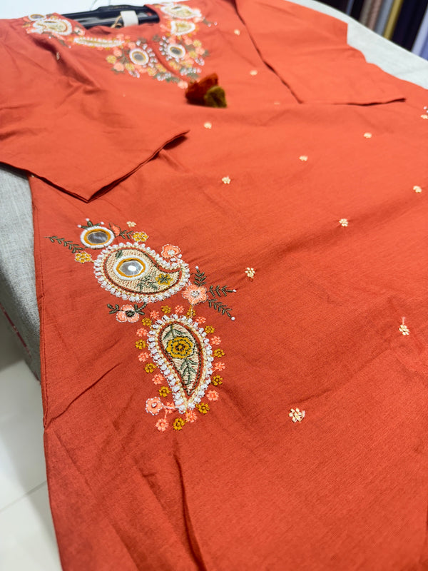 Trending A-Line Rustic Orange Cotton Dress With Pockets